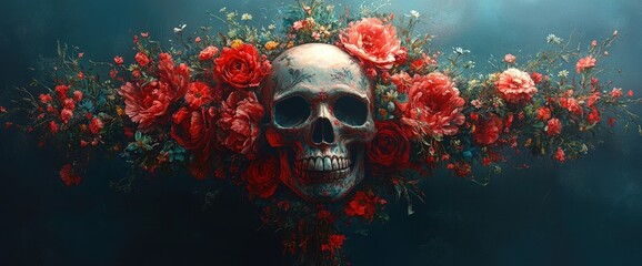 Skull adorned with red roses, dark background, Day of the Dead concept