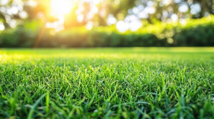 Naklejka premium Lush green grass illuminated by sunlight in a serene garden setting with blurred background