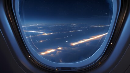 An inside view of an airplane through a window looking out at the scenery outside the plane during a night flight.