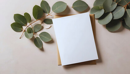 White blank invitation card mockup on the beige table. 5x7 ratio, similar to A6, A5