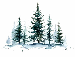 Fototapeta premium Watercolor Pine Trees Stand Tall on a Snowy Hillside, Creating a Serene Winter Landscape