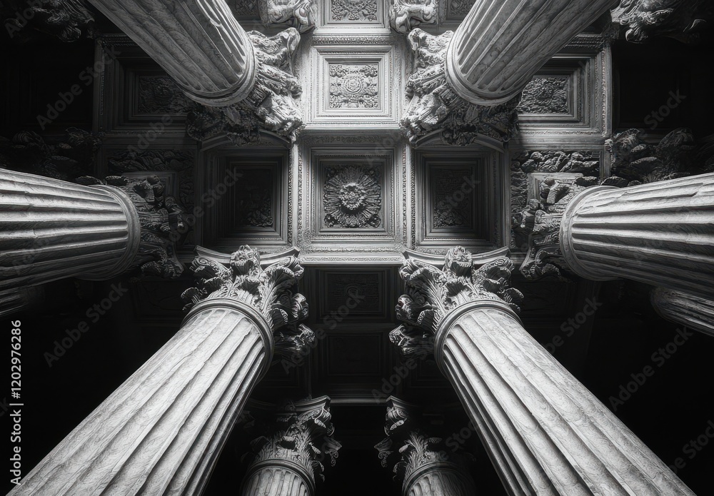 Poster majestic view of ornate architectural columns and ceiling from below, highlighting intricate design 