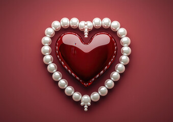 Obraz premium glossy red heart surrounded by string of white pearls on deep red background