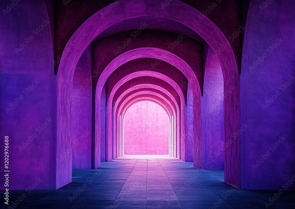 Poster Mesmerizing Abstract Architecture in Vibrant Purple Tones Creating a Dreamlike Passageway with Graceful Arches Illuminated by Soft Light
