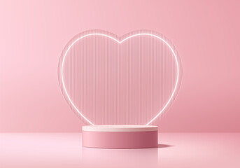 Valentine 3D pink podium background with heart shape backdrop. Abstract geometric composition in minimalist design. Studio display showroom stands product pedestal, Fashion stage showcase mockup scene © Riseness