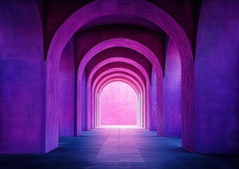 Obraz premium Mesmerizing Abstract Architecture in Vibrant Purple Tones Creating a Dreamlike Passageway with Graceful Arches Illuminated by Soft Light