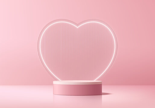 Valentine 3D pink podium background with heart shape backdrop. Abstract geometric composition in minimalist design. Studio display showroom stands product pedestal, Fashion stage showcase mockup scene