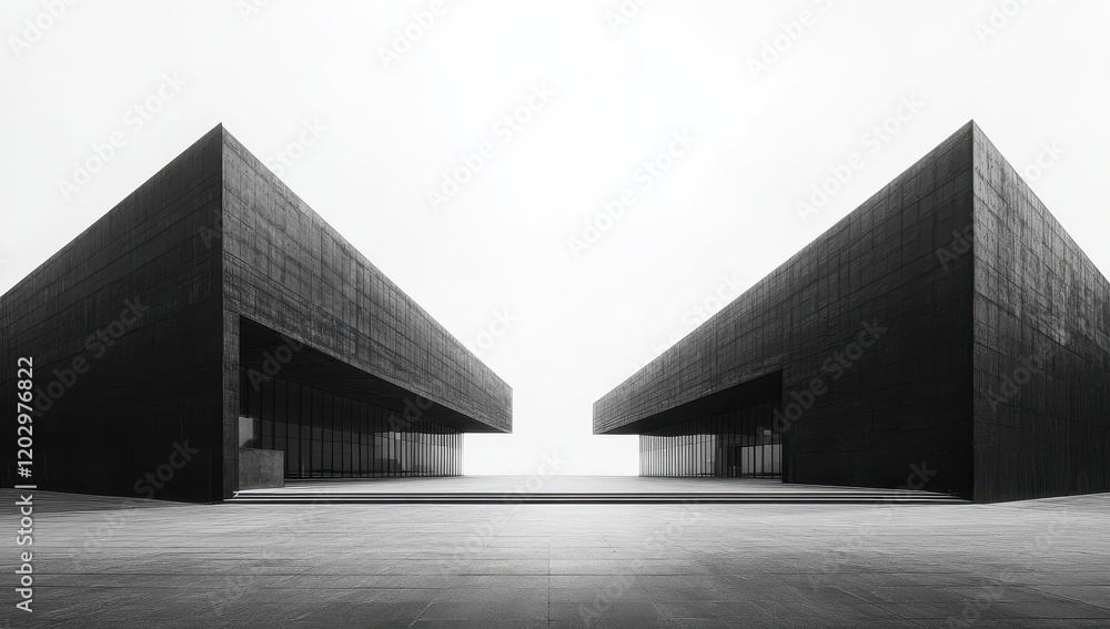Poster minimalist architectural design featuring two geometric black structures against a soft white backgr