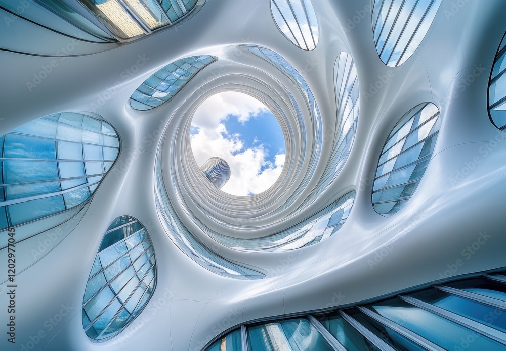 Aufkleber intricate view of modern architecture featuring a spiraling design with a clear blue sky and reflect