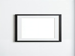 A blank white canvas in a black frame on a white wall.