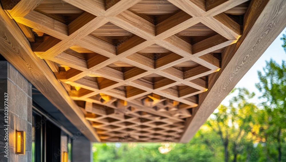 Poster intricate wooden ceiling design showcasing modern craftsmanship with geometric patterns and ambient 