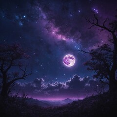 Create a stunning purple anime fantasy night sky featuring a bright, glowing moon and sparkling stars scattered across a vast cosmic space.