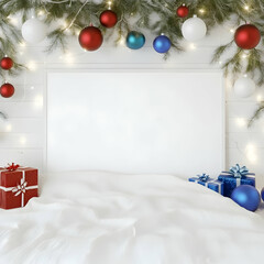 Christmas Interior Mockup with Blank Frame, Festive Decorations, and Gifts Elegantly Adorn a Cozy...