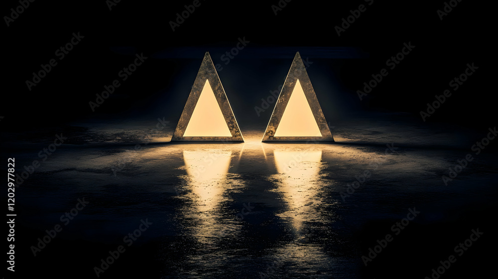 Aufkleber two glowing triangular structures illuminate a dark, reflective surface.