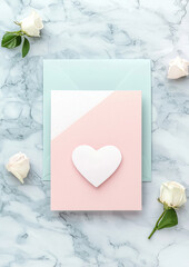 Heart themed wedding invitation design in pastel pink and blue on marble background