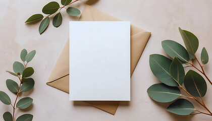 White blank invitation card mockup on the beige table. 5x7 ratio, similar to A6, A5