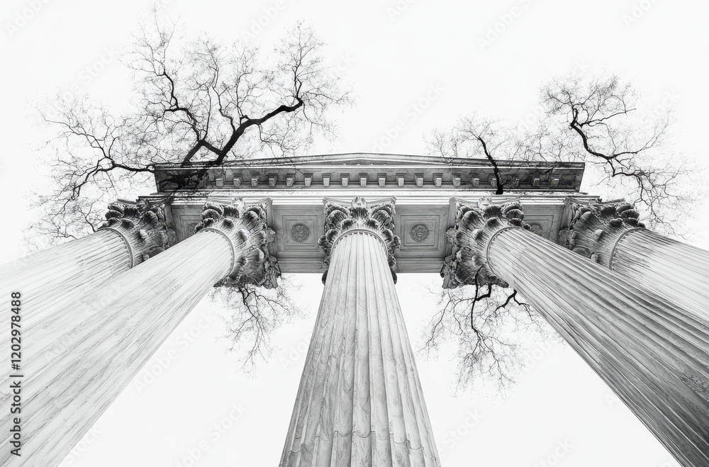 Poster majestic ancient columns surrounded by leafless trees against a soft gray sky, capturing the eleganc
