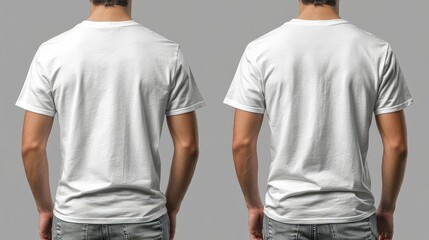 Two views of a plain white t-shirt displayed from the back on a model.