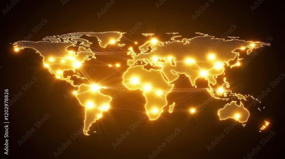 Poster golden illuminated world map showing global connections