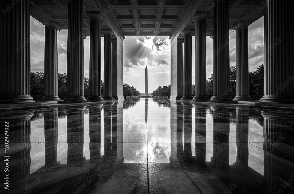 Poster majestic black and white view of a monument framed by columns and reflections in a serene pool amids