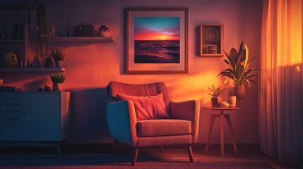 Cozy Living Room Sunset Scene With Armchair And Plants
