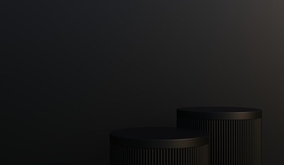 Black podium, black background, for displaying fashion products, cosmetics, spas, perfumes, various premium creams, 3D renderings.