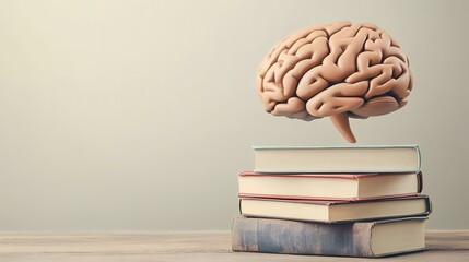 Brain model above books on wooden desk, neutral background; education concept