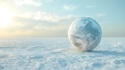 Frozen Earth globe on snowy landscape, sunset backdrop; climate change concept