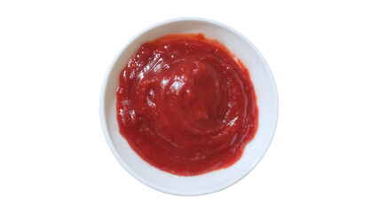 Tomato ketchup spicy sauce placed in a ceramic bowl top view with transparent background