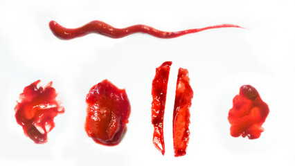 Red hot chili tomato ketchup spicy sauce in different variations or smudges top view