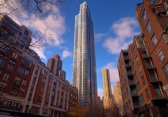 Fototapeta premium Majestic Skyscraper Reaching Toward Blue Sky Surrounded by Urban Architecture and Historical Buildings in Vibrant Cityscape of New York City