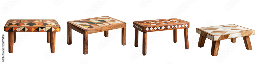 Poster set of unique and handmade wooden tables featuring vibrant ethnic inspired mosaic patterns and rusti