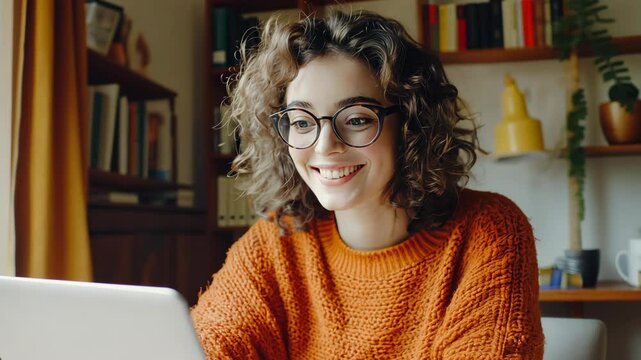 potrait of a smiling woman in glasses writing notes on her notebook while watching onlinestone workshop on laptop at home, 