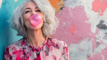 Mature Woman Blowing Pink Bubblegum Against Colorful Wall