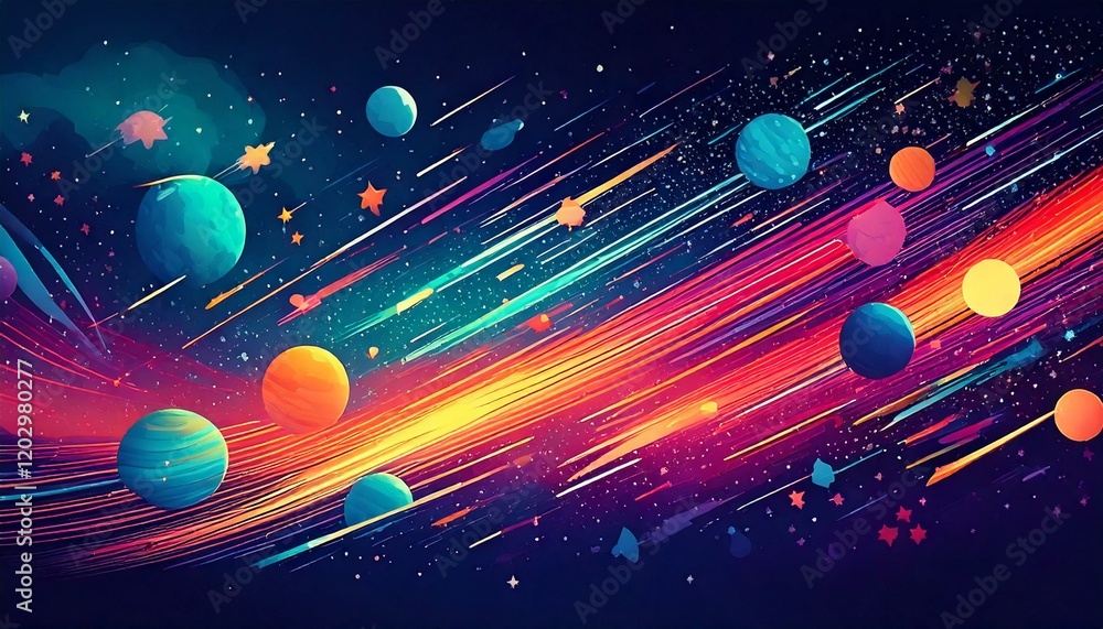 Poster a playful outer-space-inspired abstract design with colorful shooting stars, planets, and glowing co