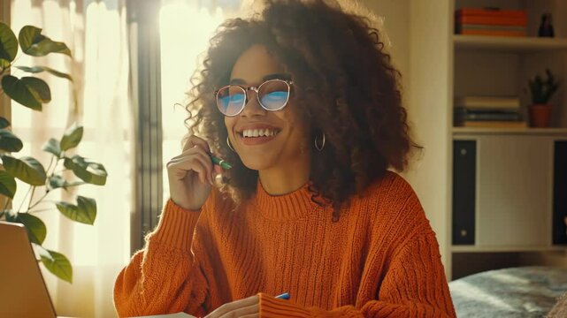 potrait of a smiling woman in glasses writing notes on her notebook while watching onlinestone workshop on laptop at home, 