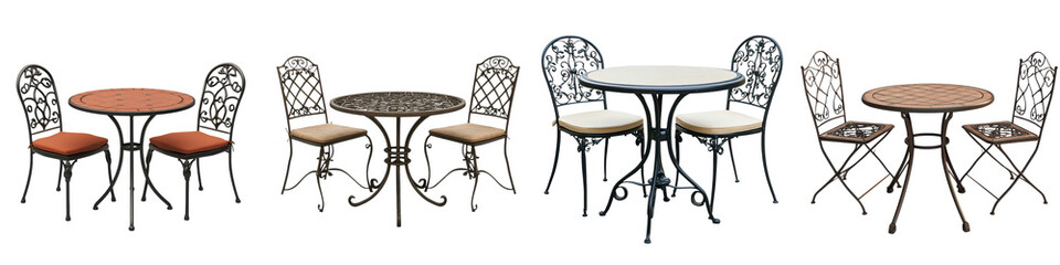 Chic and stylish outdoor cafe or restaurant dining furniture arrangement featuring wrought iron and rattan chairs surrounding round and square tables with umbrellas