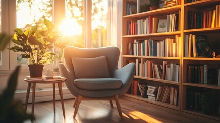 Comfortable armchair in sunlit room near bookshelves