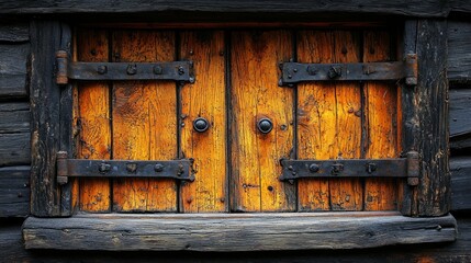 Antique wooden window shutters, rustic cabin, dark wood frame, historical building