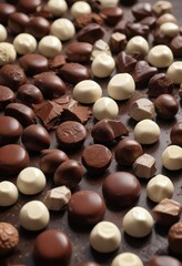 Fototapeta premium Artisanal chocolate making process with dark, milk, and white chocolates, treats, chocolate molds, confectionery