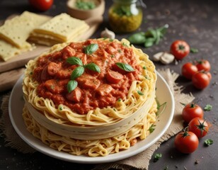 Fototapeta premium Aromatic cheese and tomato sauce layered pasta , culinary art, warm lighting