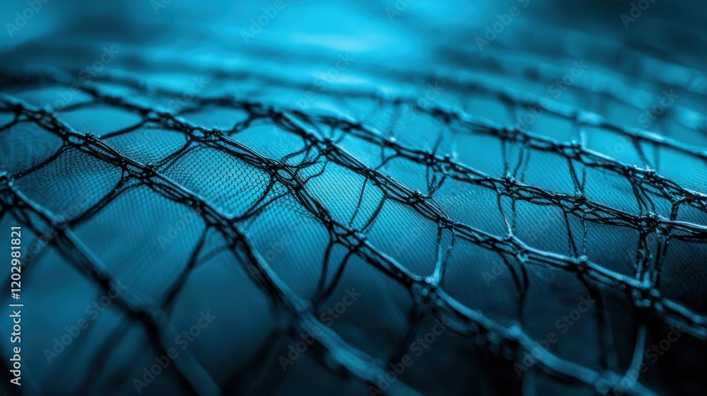 Poster close-up view of intricate netting with a blue hue, showcasing texture and patterns