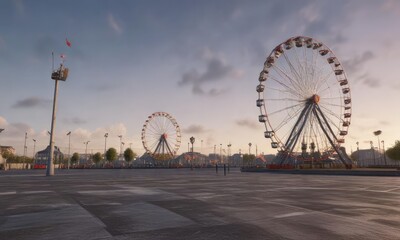 An empty square with a lone ferris wheel spinning slowly, isolated atmosphere, motionless object