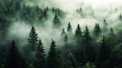 Winter scene showing a dense forest of tall pine trees shrouded in mist, creating an ethereal, cold, and mystical atmosphere