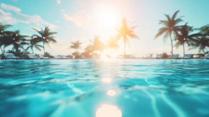 Tranquil Pool Scene With Palm Trees and Sunset