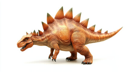 Fototapeta premium A fierce Stegosaurus in a grazing position, rich brown and green scales, dynamic angled perspective