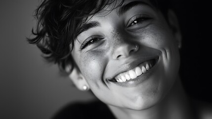 Happy. A woman with a big smile on her face