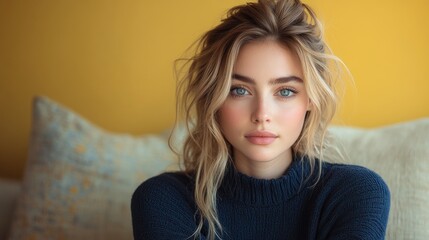 Young Woman With Blonde Hair Wearing Blue Sweater