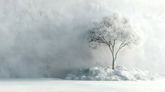 Snowy tree winter scene, minimalist studio backdrop, calm, white wall