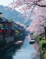 Fototapeta premium Canal with boats and cherry blossoms, dark rooftops and red lanterns